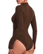 MANGOPOP Mock Neck Ruched Long-Sleeve Bodysuit Coffee