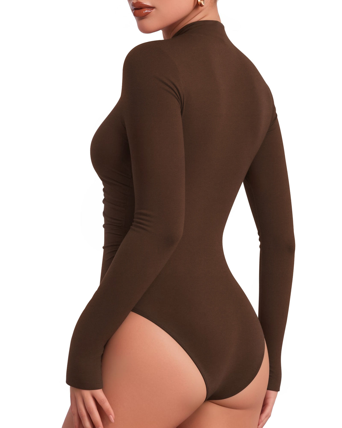 MANGOPOP Mock Neck Ruched Long-Sleeve Bodysuit Coffee