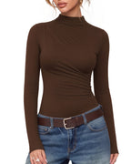 MANGOPOP Mock Neck Ruched Long-Sleeve Bodysuit Coffee