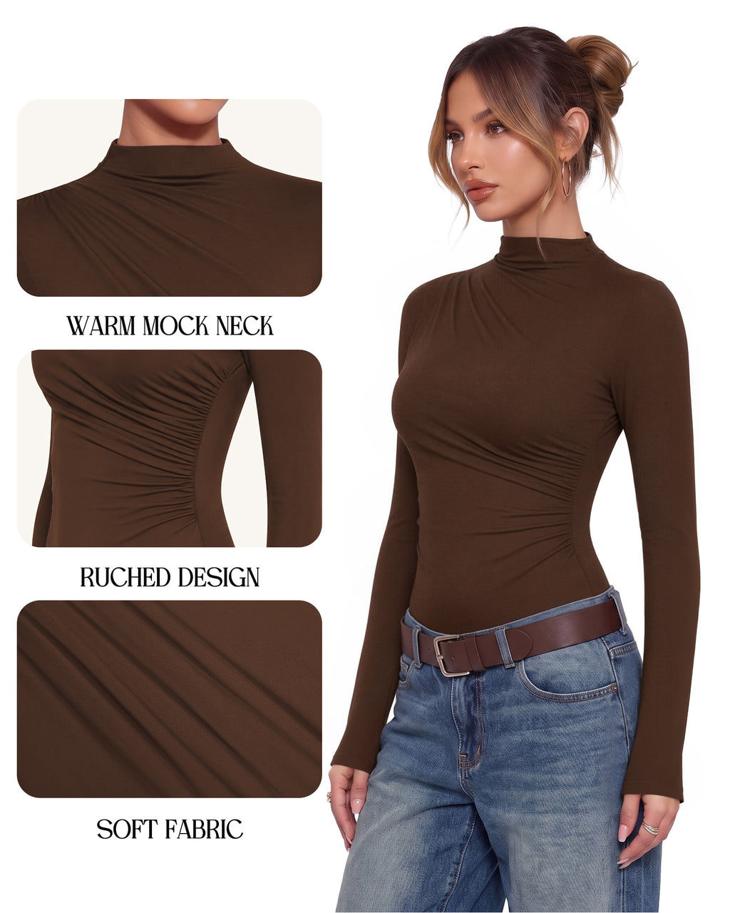 MANGOPOP Mock Neck Ruched Long-Sleeve Bodysuit Coffee