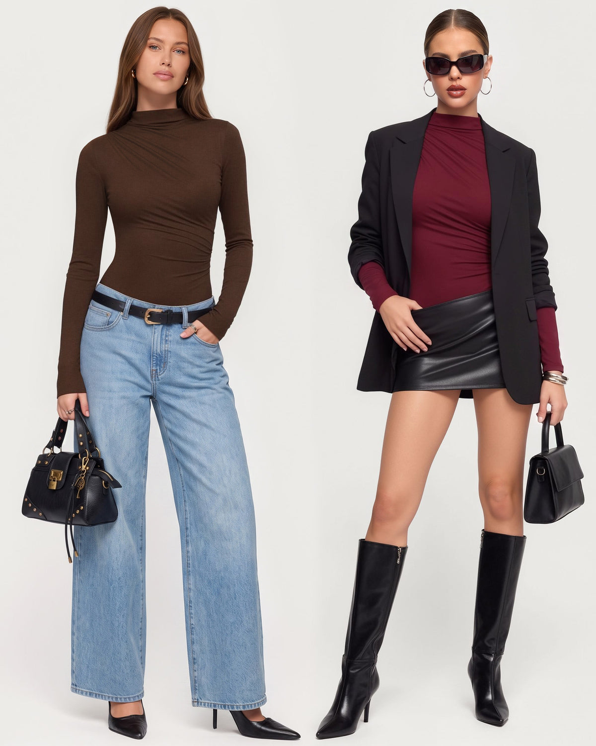 MANGOPOP Mock Neck Ruched Long-Sleeve Bodysuit Coffee