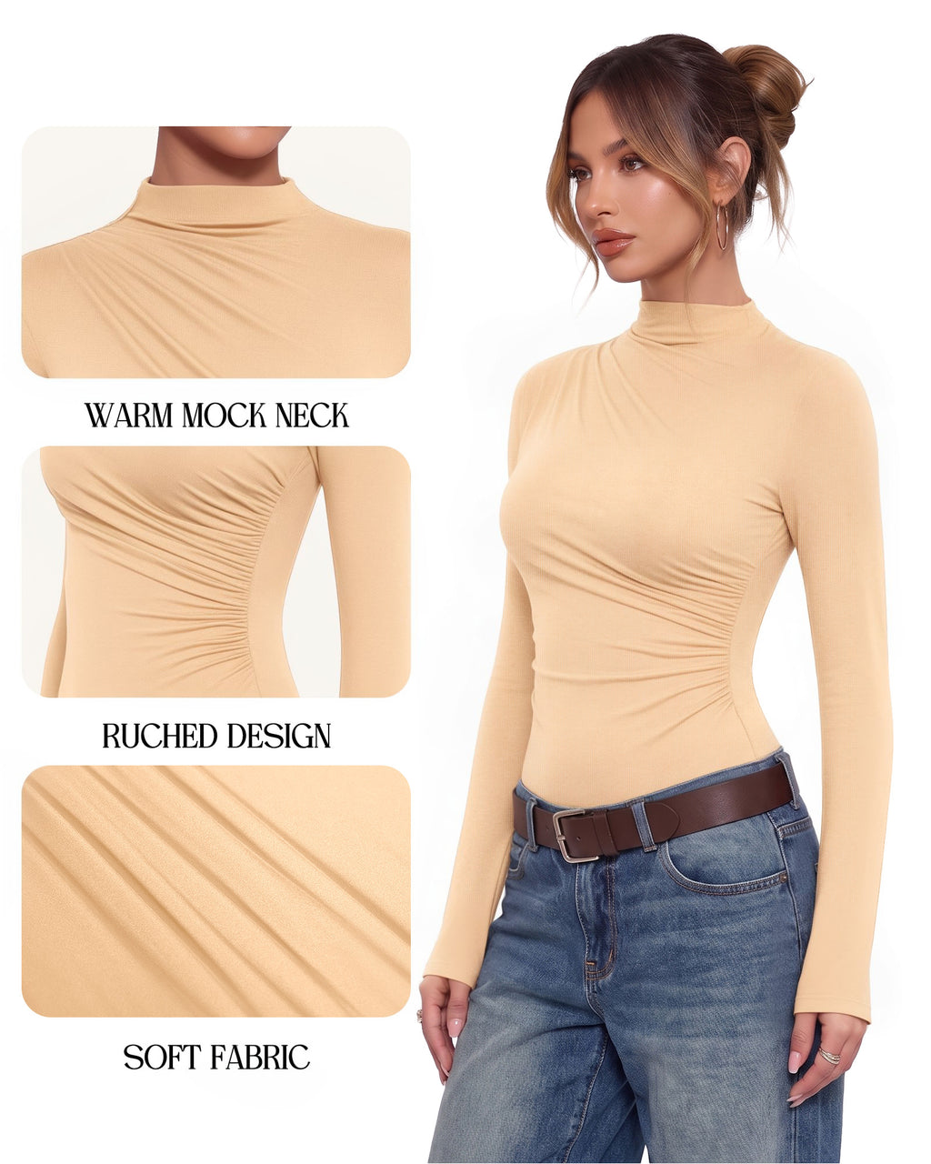 MANGOPOP Mock Neck Ruched Long-Sleeve Bodysuit Nude