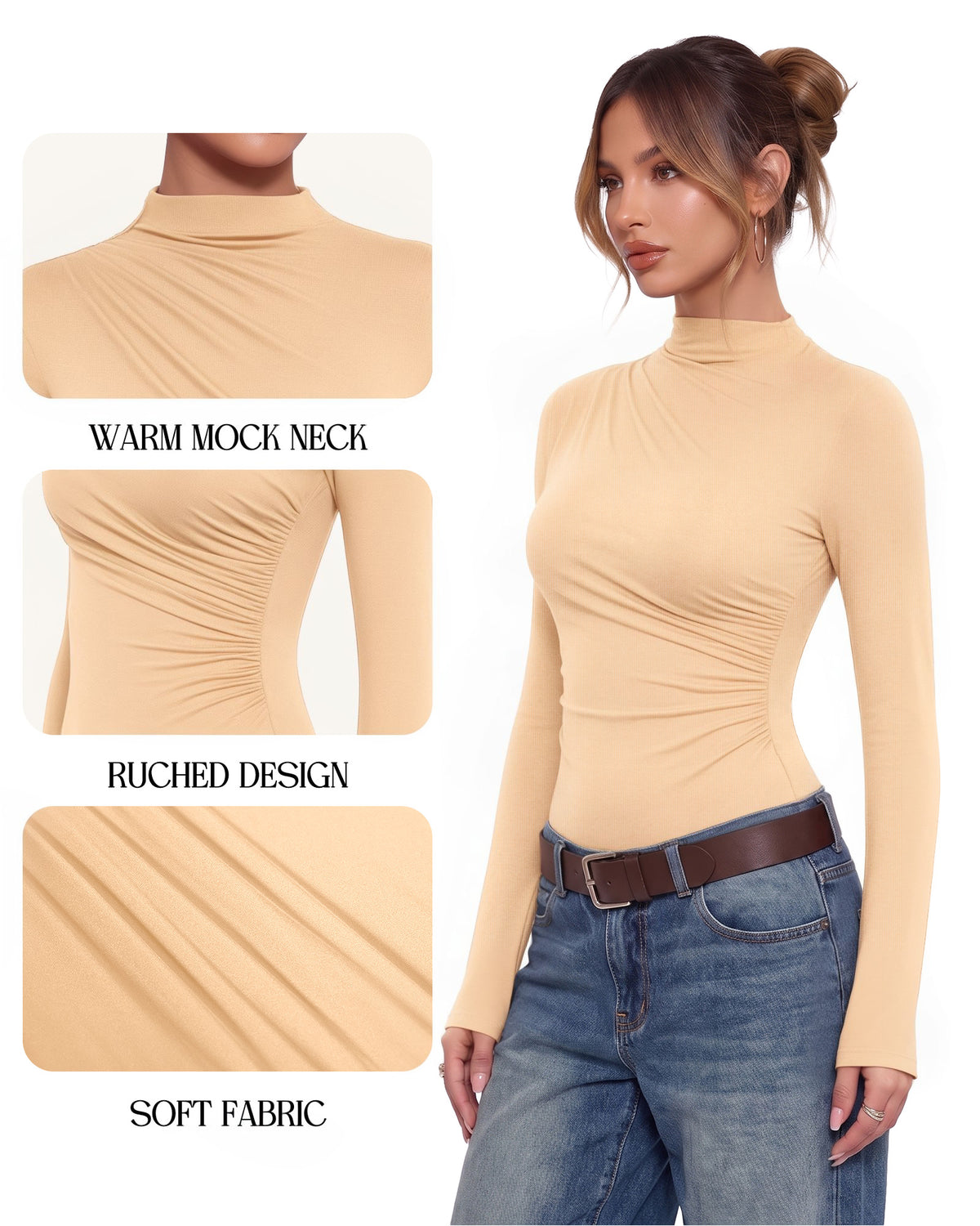 MANGOPOP Mock Neck Ruched Long-Sleeve Bodysuit Nude