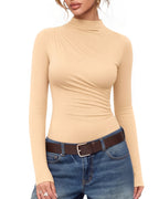 MANGOPOP Mock Neck Ruched Long-Sleeve Bodysuit Nude