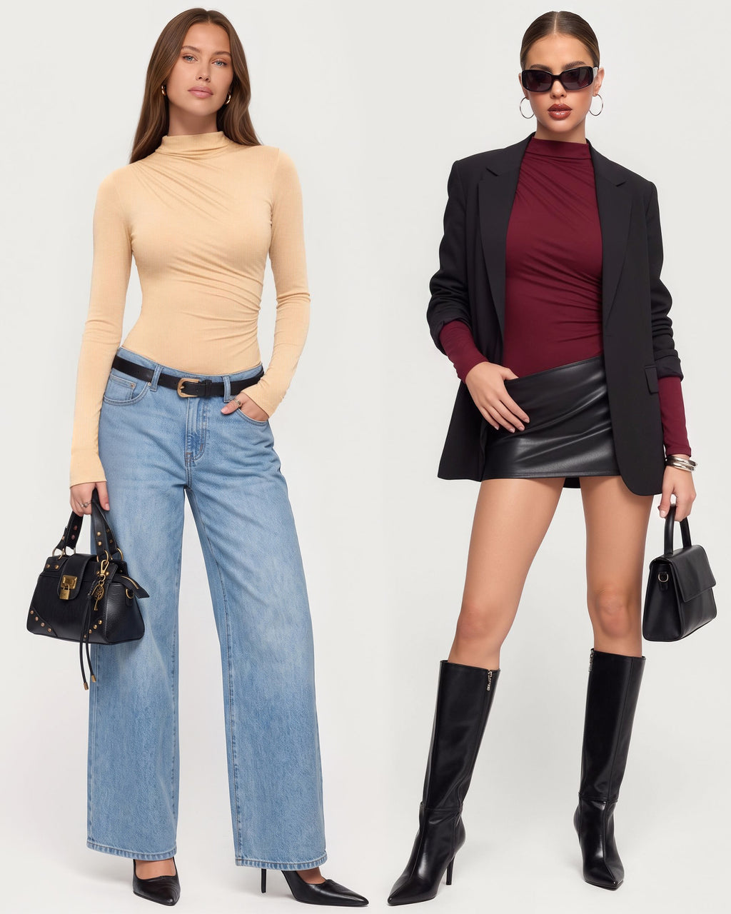 MANGOPOP Mock Neck Ruched Long-Sleeve Bodysuit Nude