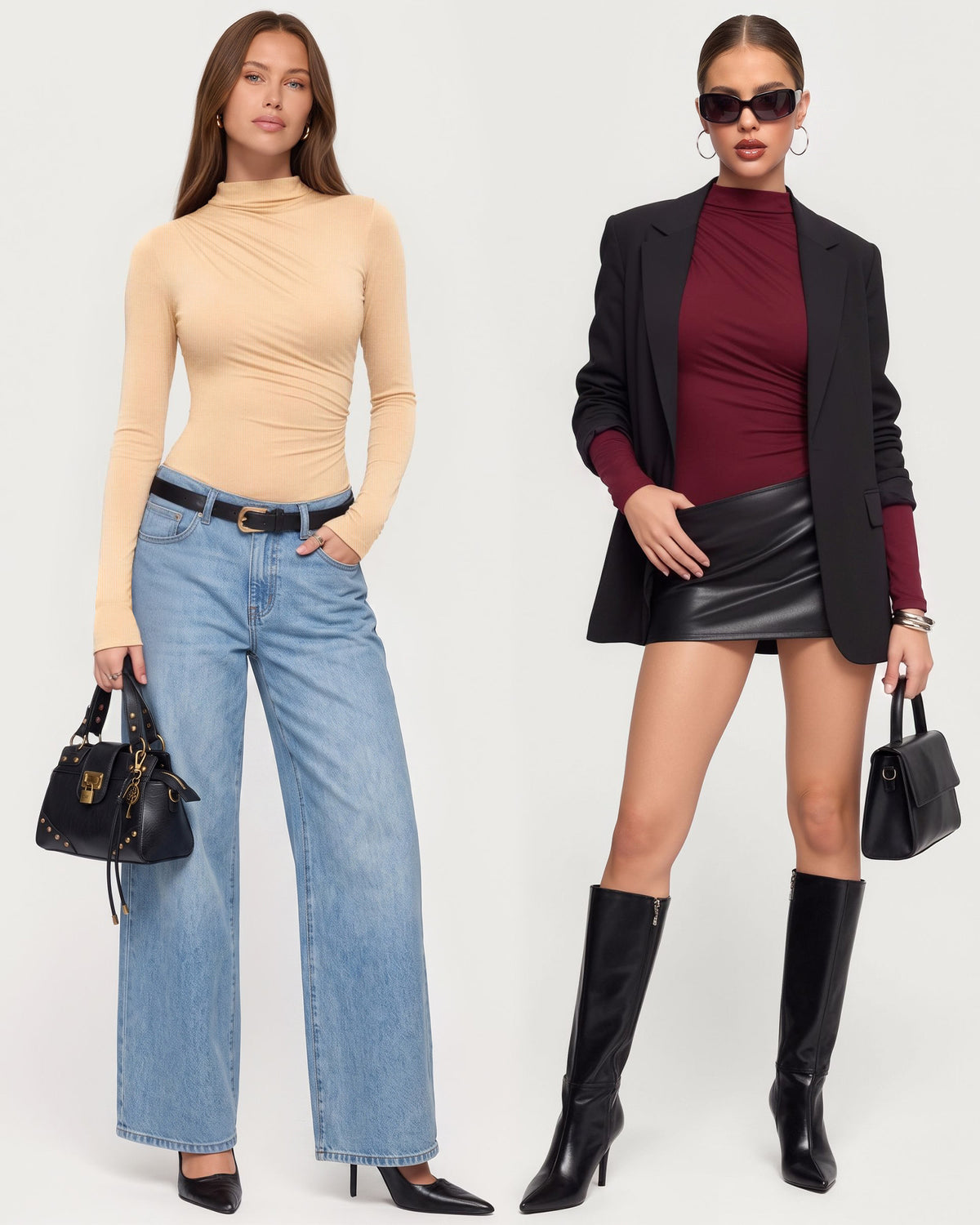 MANGOPOP Mock Neck Ruched Long-Sleeve Bodysuit Nude