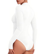 MANGOPOP Mock Neck Ruched Long-Sleeve Bodysuit White