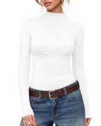 MANGOPOP Mock Neck Ruched Long-Sleeve Bodysuit White