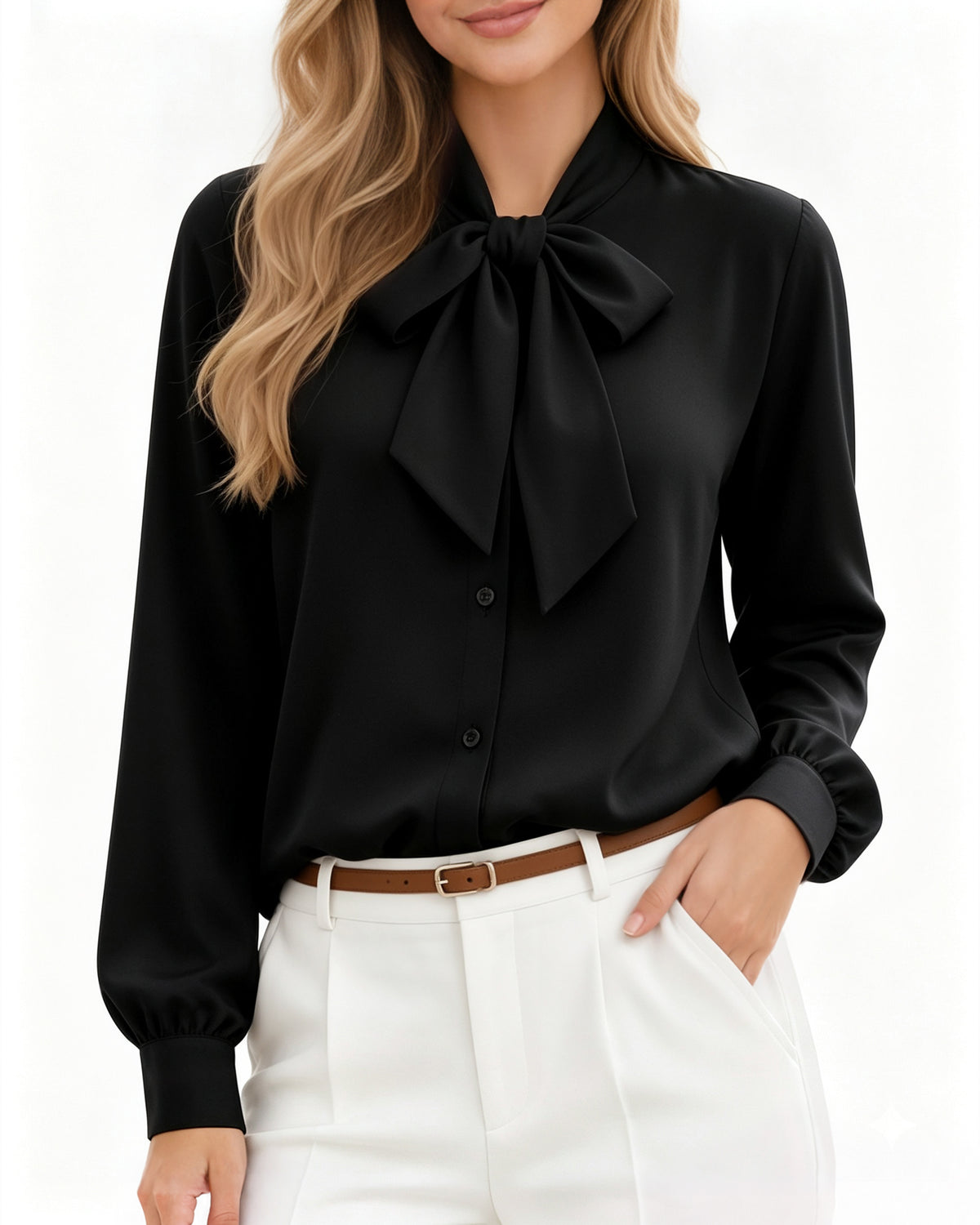 MANGOPOP Bow Tie Neck Long-Sleeve Bodysuit Black