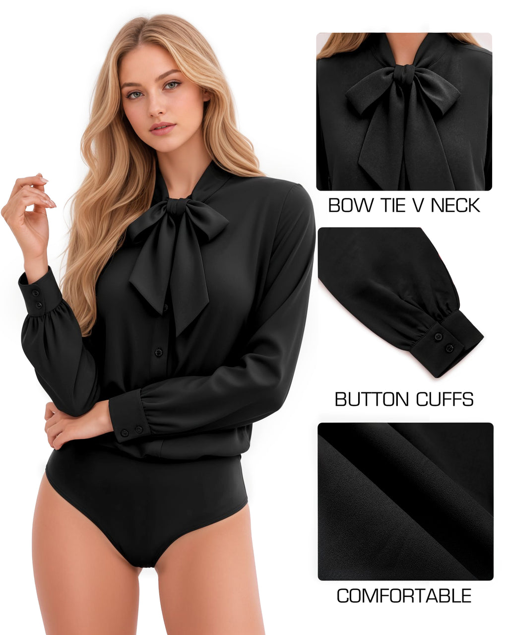MANGOPOP Bow Tie Neck Long-Sleeve Bodysuit Black