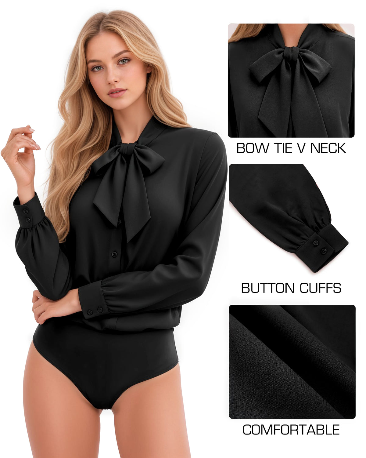 MANGOPOP Bow Tie Neck Long-Sleeve Bodysuit Black