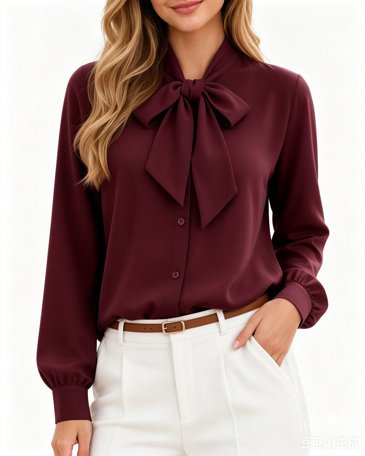 MANGOPOP Bow Tie Neck Long-Sleeve Bodysuit Burgundy