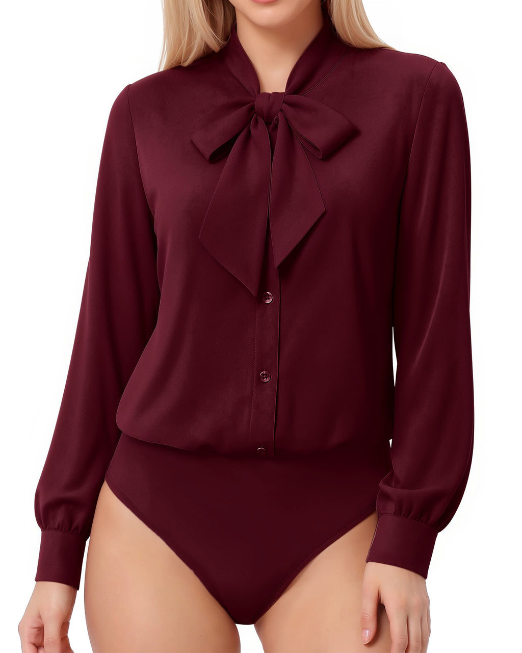MANGOPOP Bow Tie Neck Long-Sleeve Bodysuit Burgundy