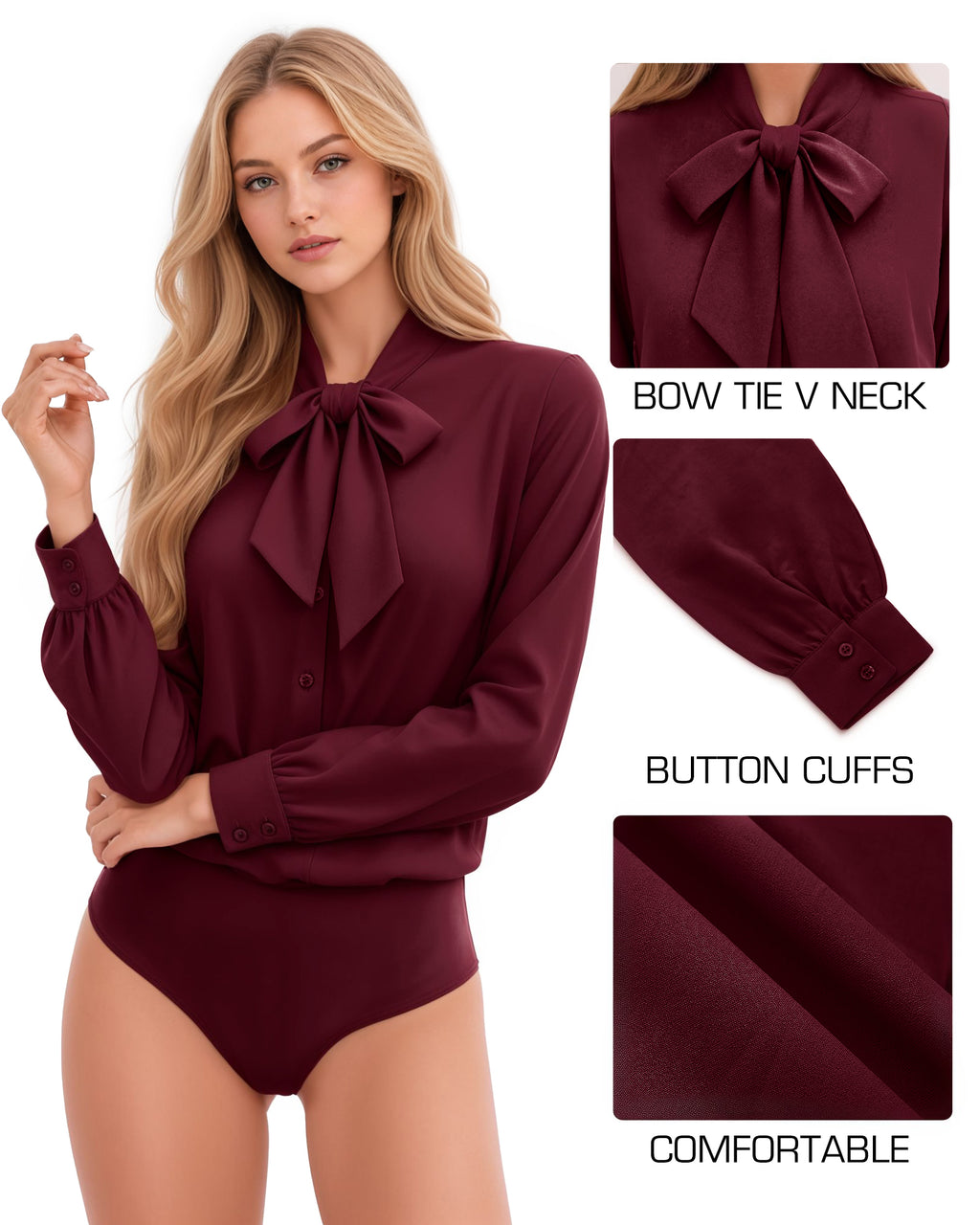 MANGOPOP Bow Tie Neck Long-Sleeve Bodysuit Burgundy