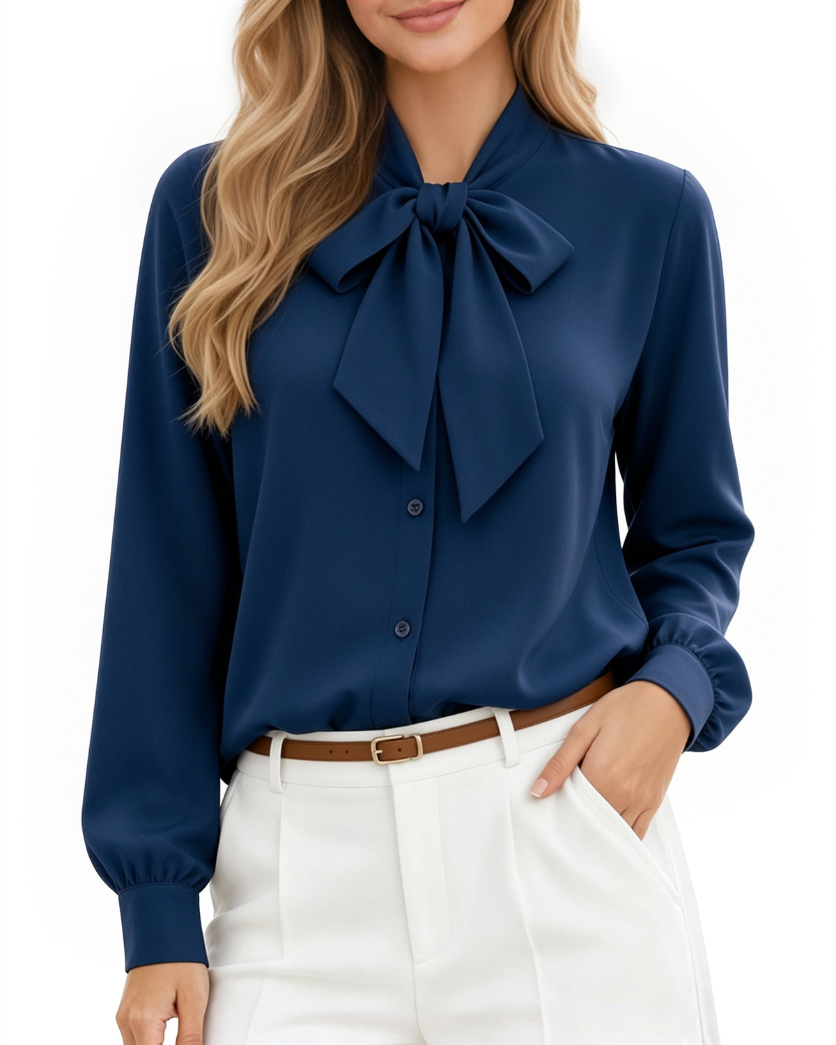MANGOPOP Bow Tie Neck Long-Sleeve Bodysuit Navy Blue