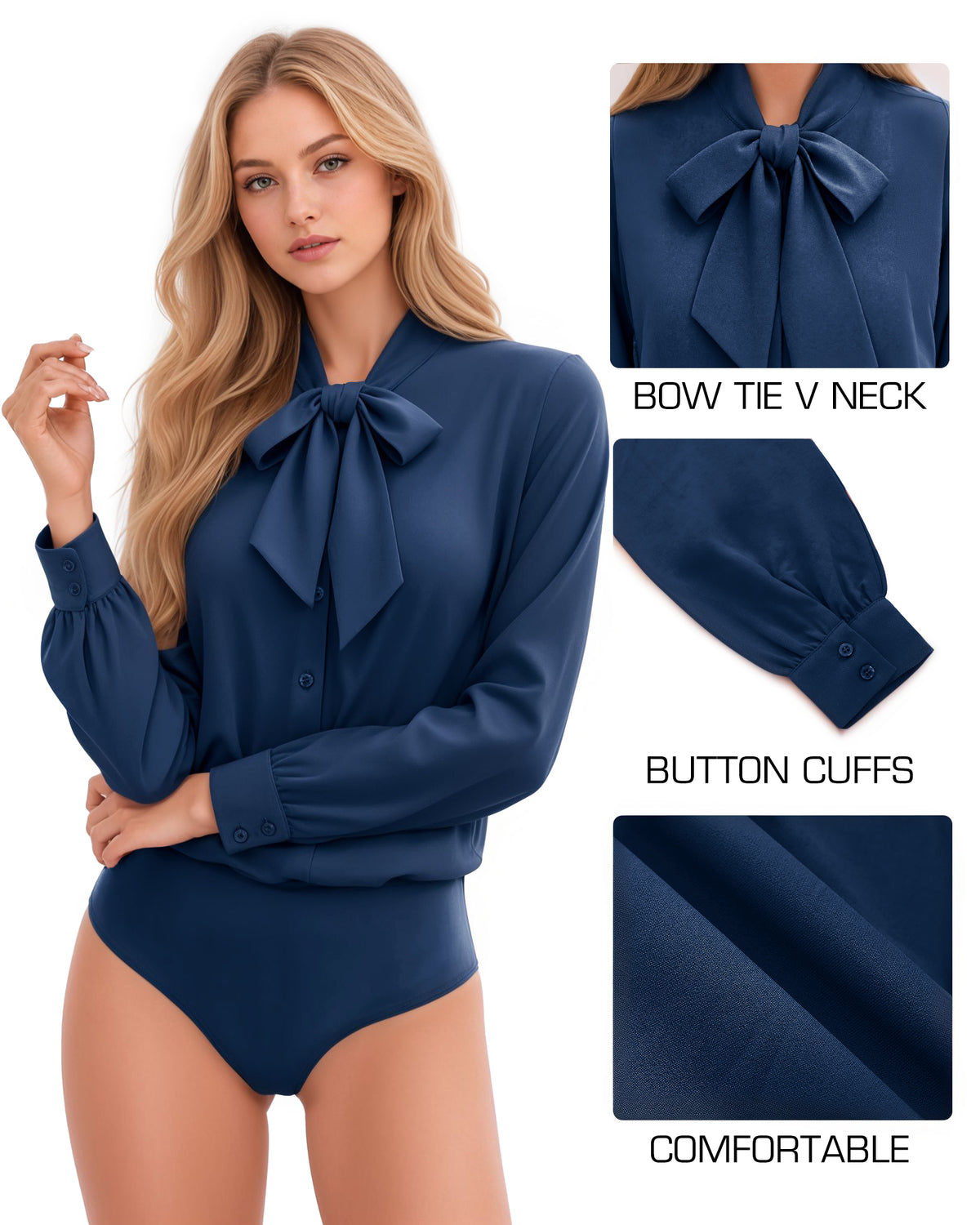 MANGOPOP Bow Tie Neck Long-Sleeve Bodysuit Navy Blue