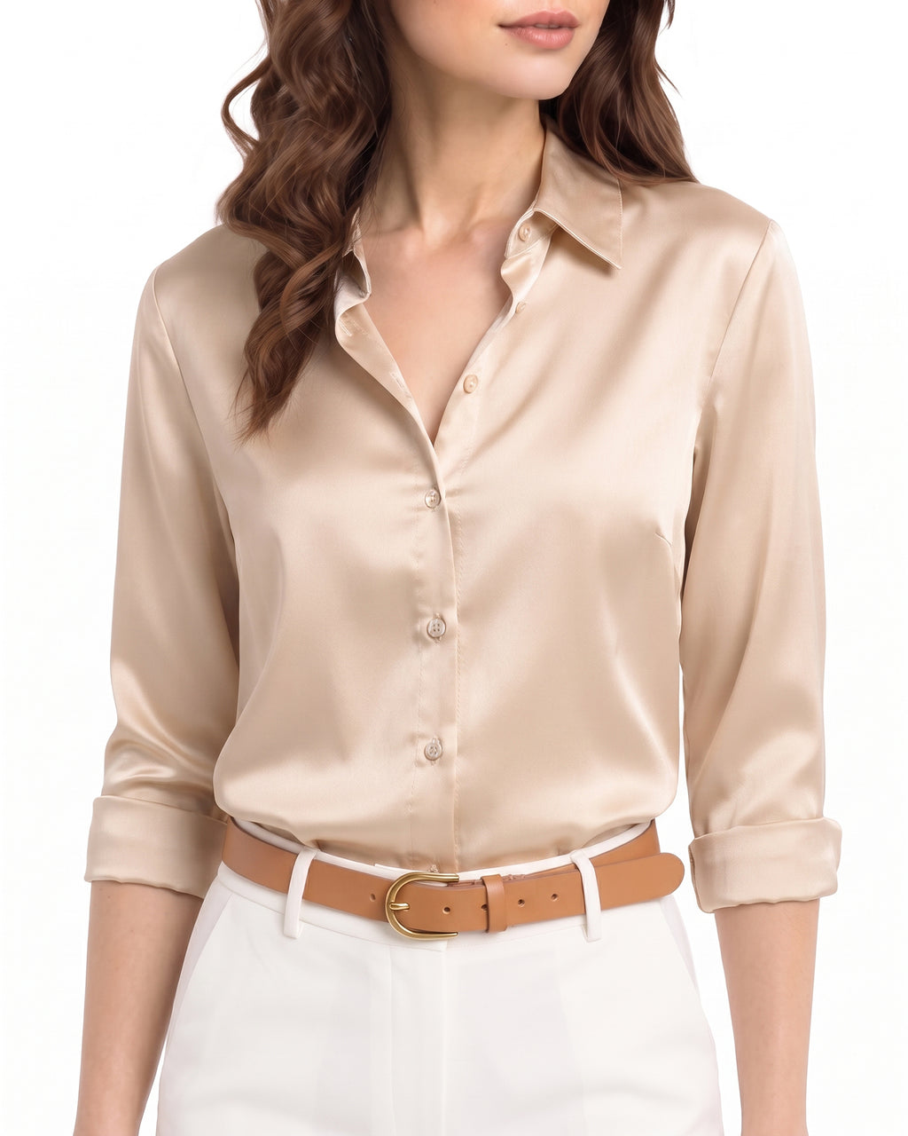 MANGOPOP Button-Down Long-Sleeve Collared Bodysuit Apricot 2