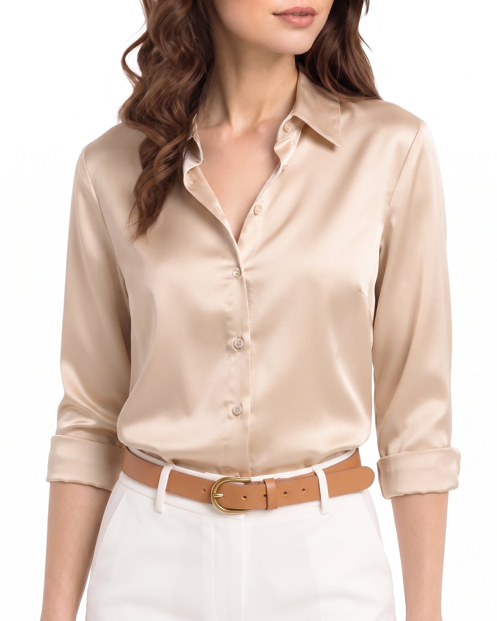 MANGOPOP Button-Down Long-Sleeve Collared Bodysuit Apricot 2