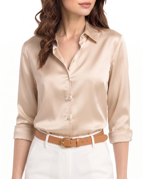 MANGOPOP Button-Down Long-Sleeve Collared Bodysuit Apricot 2