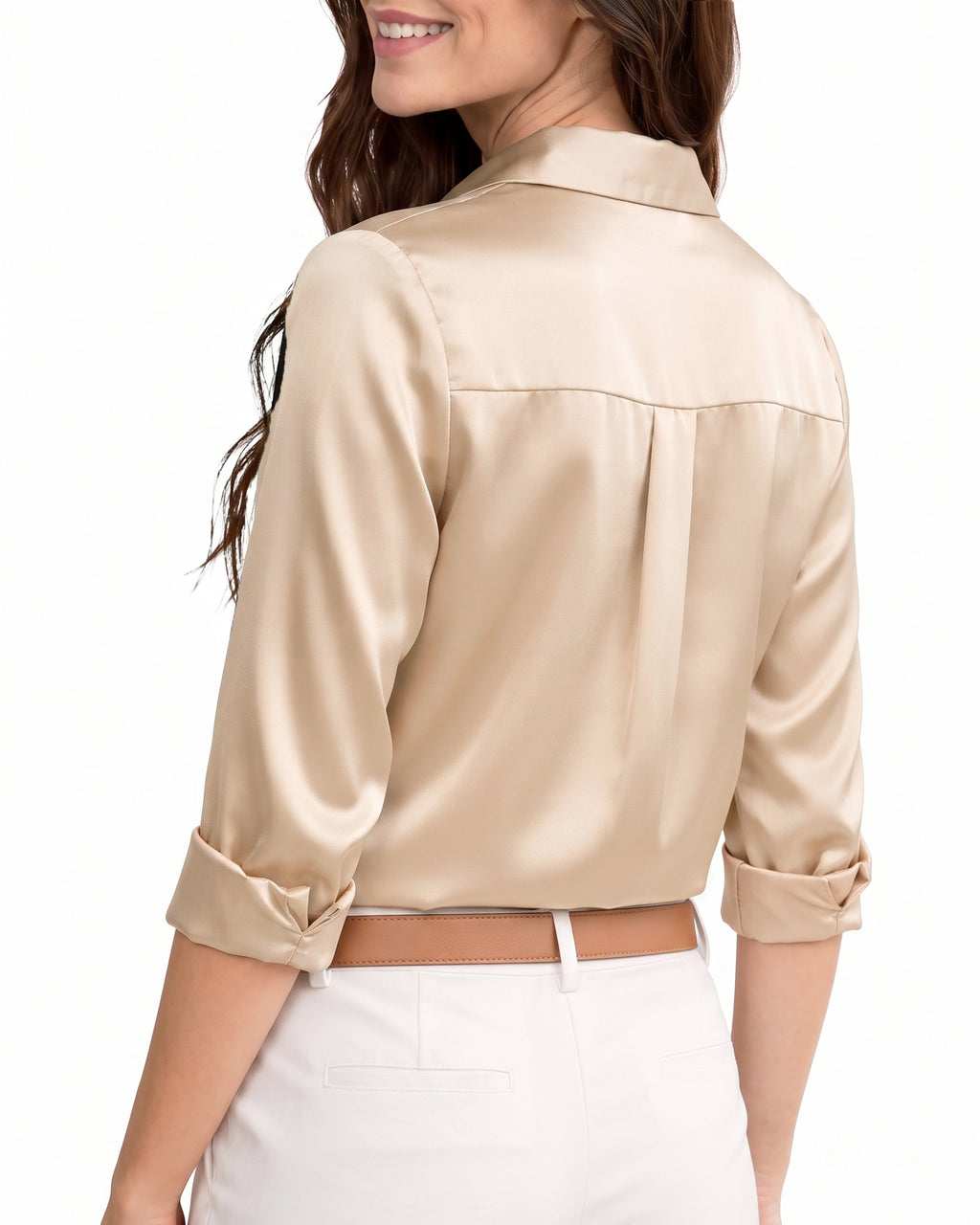 MANGOPOP Button-Down Long-Sleeve Collared Bodysuit Apricot 3