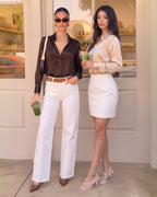 MANGOPOP Button-Down Long-Sleeve Collared Bodysuit Apricot 6