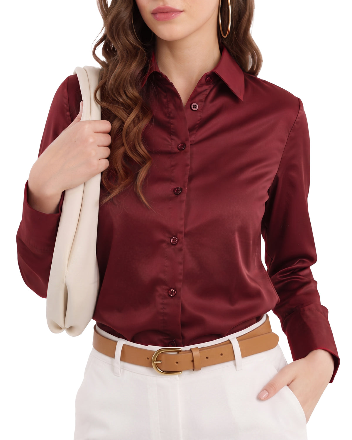 MANGOPOP Button-Down Long-Sleeve Collared Bodysuit Burgundy 1