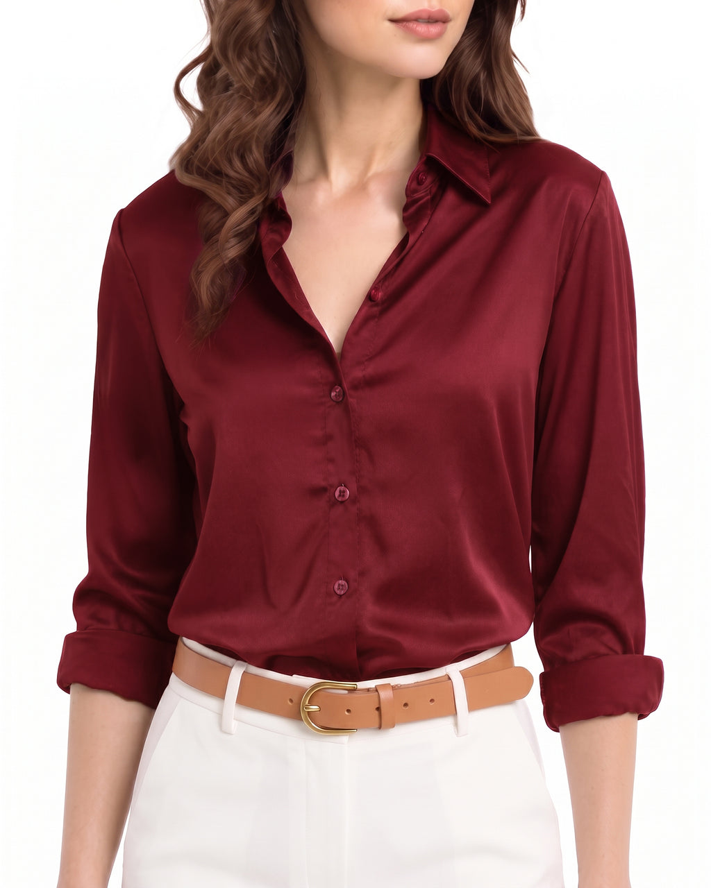 MANGOPOP Button-Down Long-Sleeve Collared Bodysuit Burgundy 2