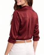 MANGOPOP Button-Down Long-Sleeve Collared Bodysuit Burgundy 3
