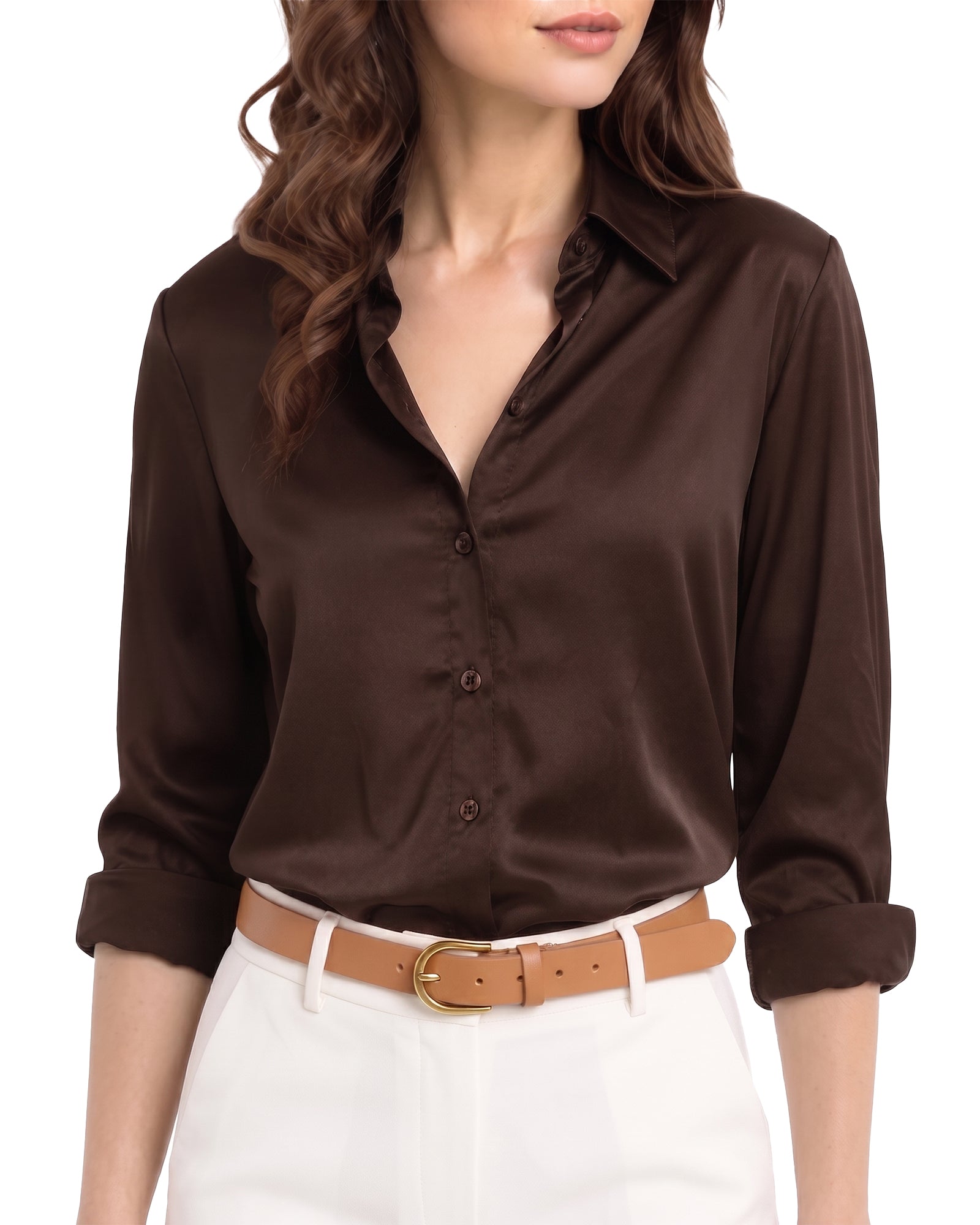 MANGOPOP Button-Down Long-Sleeve Collared Bodysuit Coffee 2