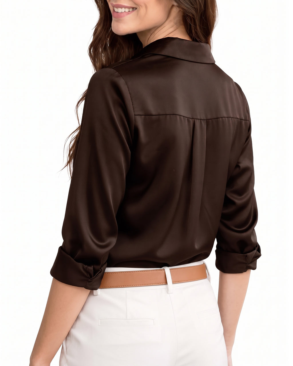 MANGOPOP Button-Down Long-Sleeve Collared Bodysuit Coffee 3