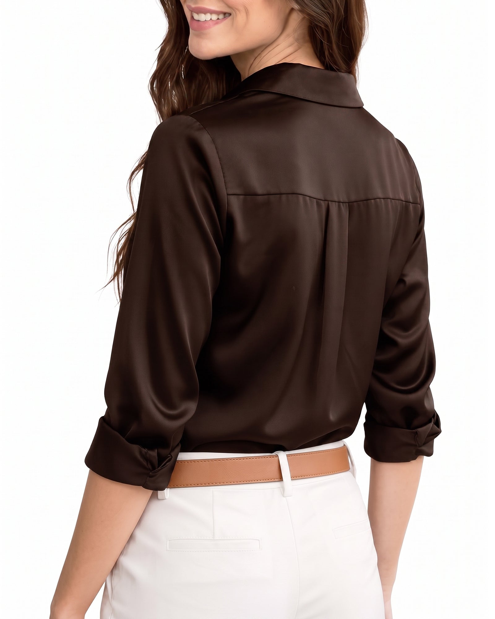 MANGOPOP Button-Down Long-Sleeve Collared Bodysuit Coffee 3