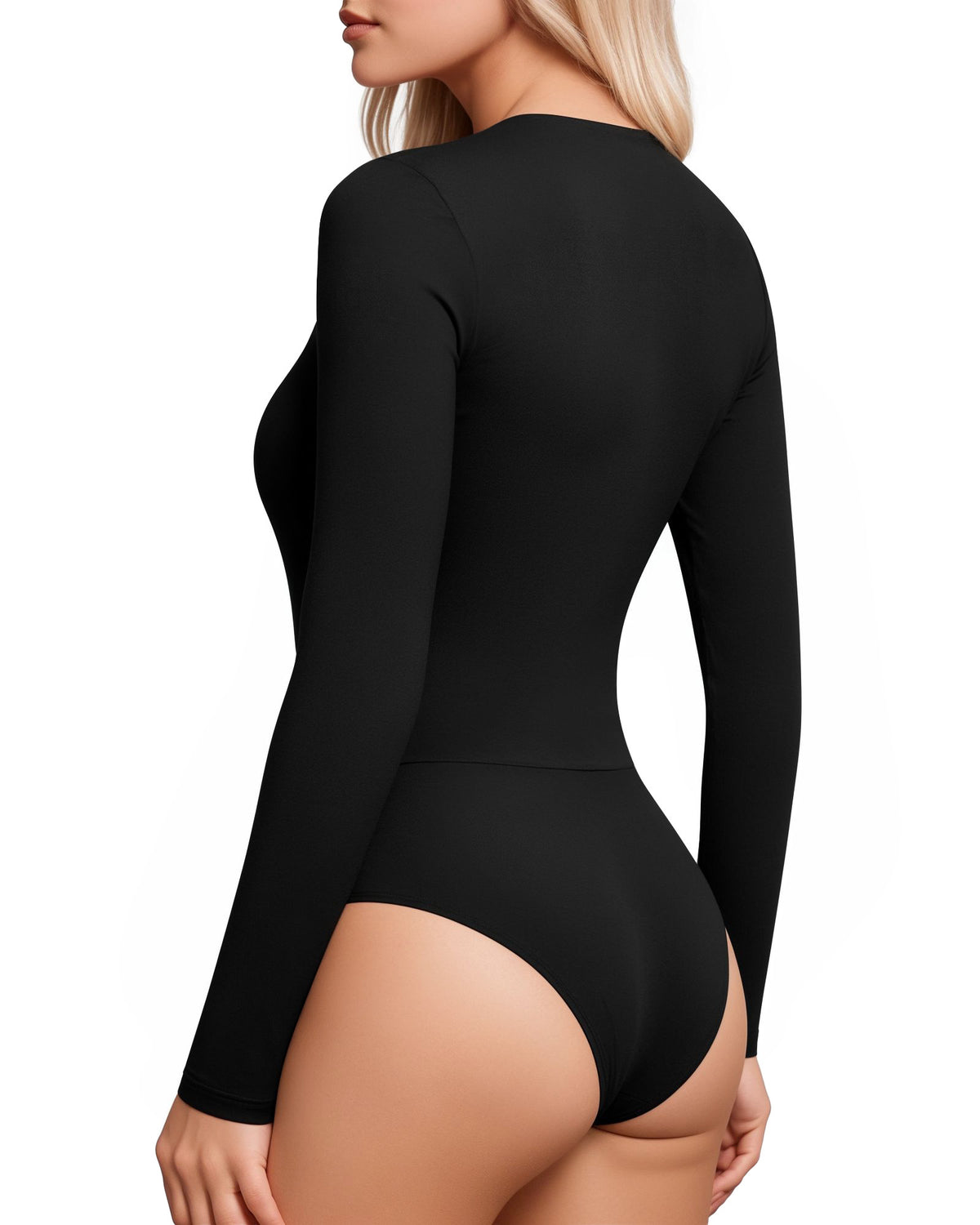 MANGOPOP Wrap V-Neck Ruched Long-Sleeve Bodysuit Black