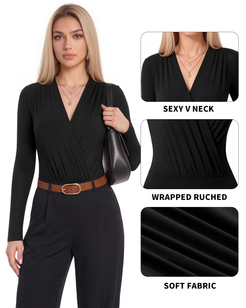 MANGOPOP Wrap V-Neck Ruched Long-Sleeve Bodysuit Black