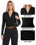 MANGOPOP Wrap V-Neck Ruched Long-Sleeve Bodysuit Black