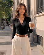 MANGOPOP Wrap V-Neck Ruched Long-Sleeve Bodysuit Black