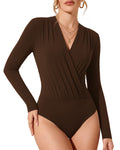 MANGOPOP Wrap V-Neck Ruched Long-Sleeve Bodysuit Coffee