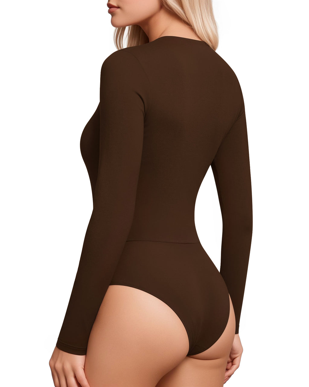 MANGOPOP Wrap V-Neck Ruched Long-Sleeve Bodysuit Coffee