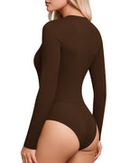 MANGOPOP Wrap V-Neck Ruched Long-Sleeve Bodysuit Coffee