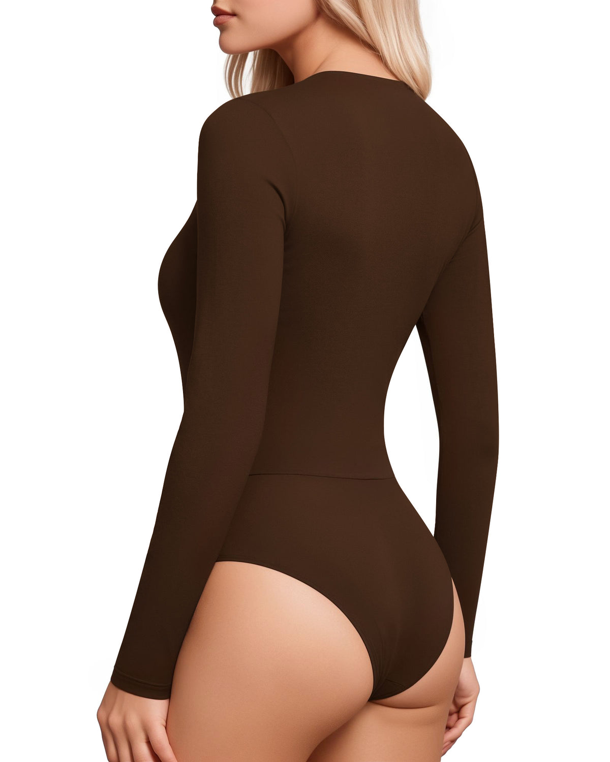 MANGOPOP Wrap V-Neck Ruched Long-Sleeve Bodysuit Coffee