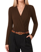 MANGOPOP Wrap V-Neck Ruched Long-Sleeve Bodysuit Coffee