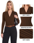 MANGOPOP Wrap V-Neck Ruched Long-Sleeve Bodysuit Coffee