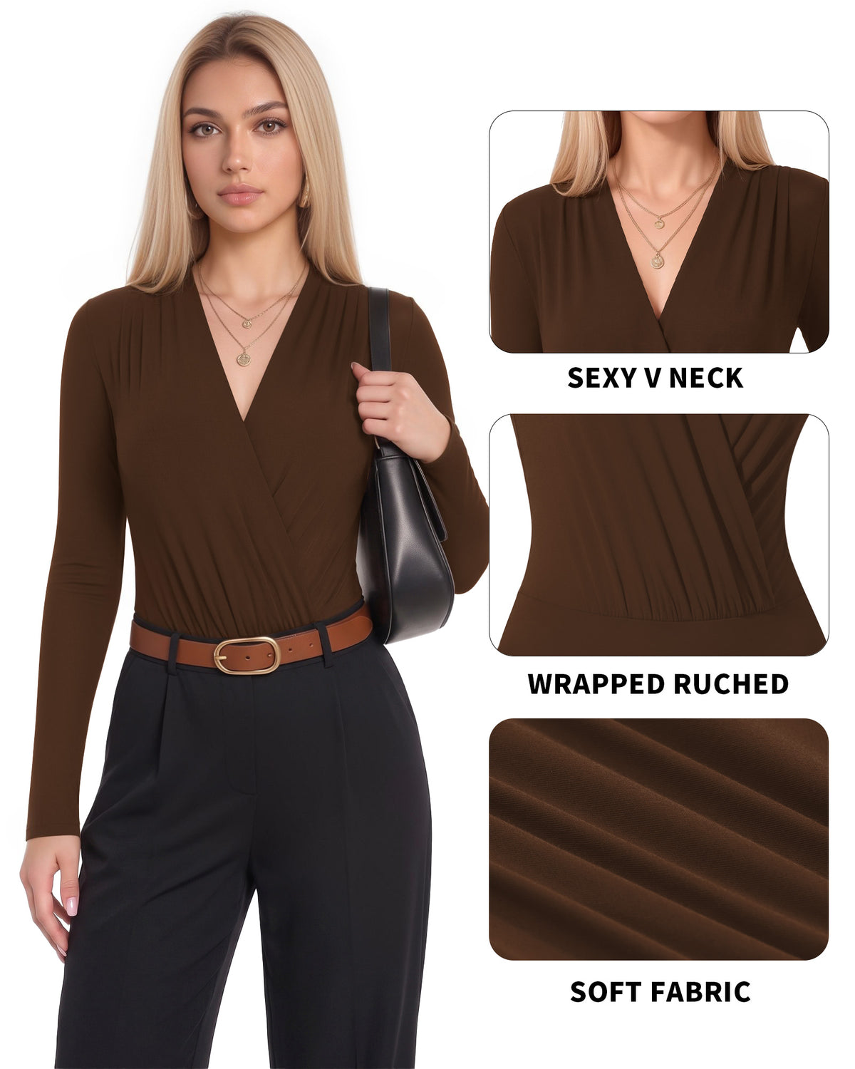MANGOPOP Wrap V-Neck Ruched Long-Sleeve Bodysuit Coffee