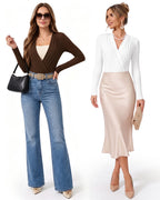 MANGOPOP Wrap V-Neck Ruched Long-Sleeve Bodysuit Coffee