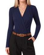 MANGOPOP Wrap V-Neck Ruched Long-Sleeve Bodysuit Navy Blue