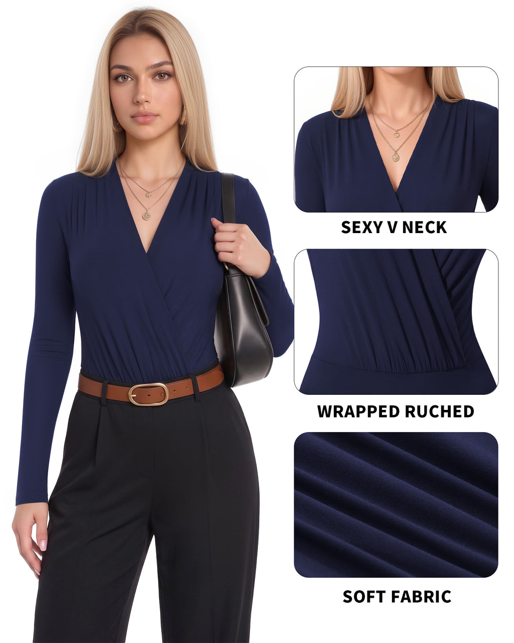 MANGOPOP Wrap V-Neck Ruched Long-Sleeve Bodysuit Navy Blue
