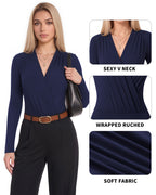 MANGOPOP Wrap V-Neck Ruched Long-Sleeve Bodysuit Navy Blue