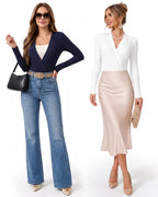 MANGOPOP Wrap V-Neck Ruched Long-Sleeve Bodysuit Navy Blue