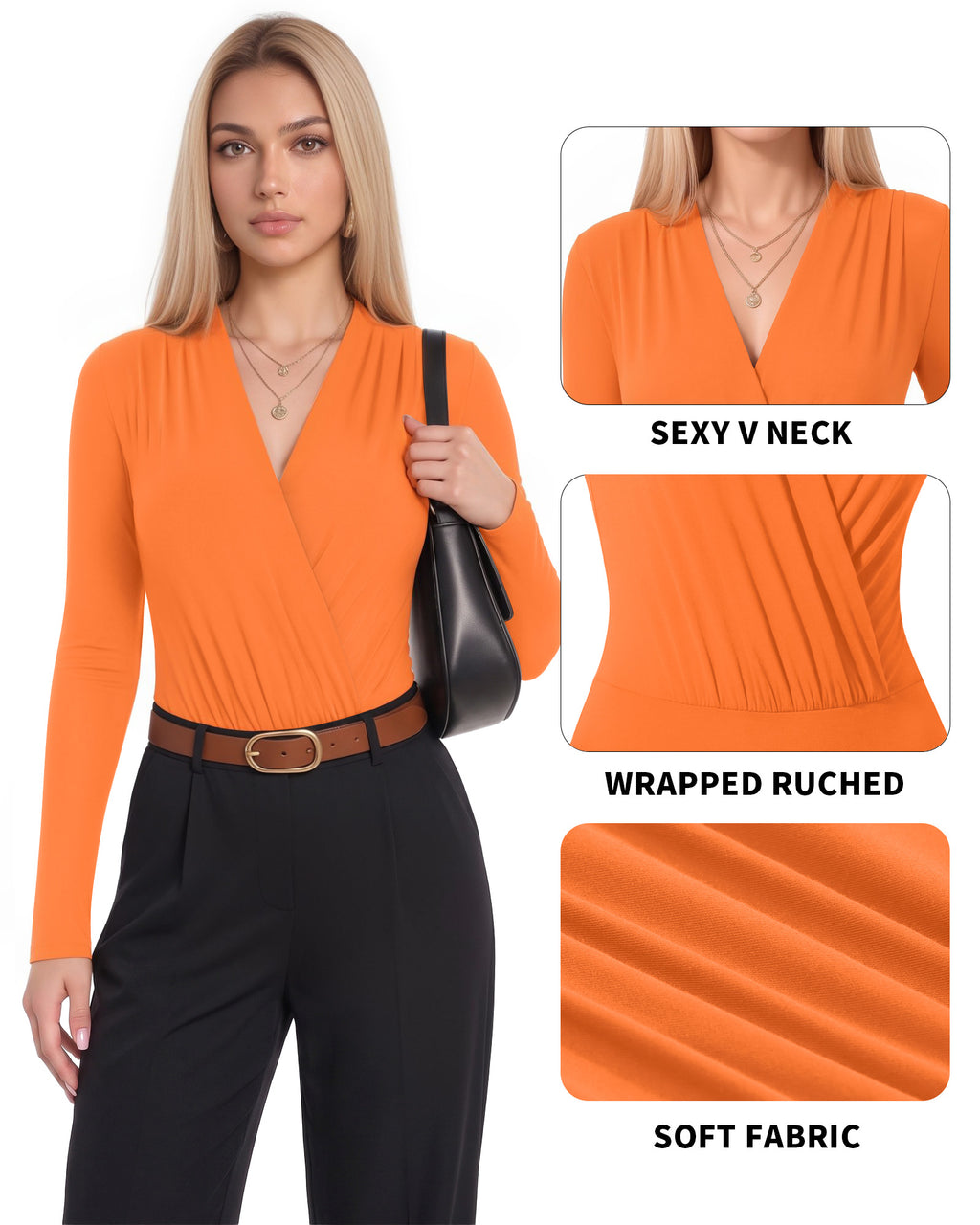 MANGOPOP Wrap V-Neck Ruched Long-Sleeve Bodysuit Orange