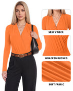 MANGOPOP Wrap V-Neck Ruched Long-Sleeve Bodysuit Orange