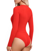 MANGOPOP Wrap V-Neck Ruched Long-Sleeve Bodysuit Red